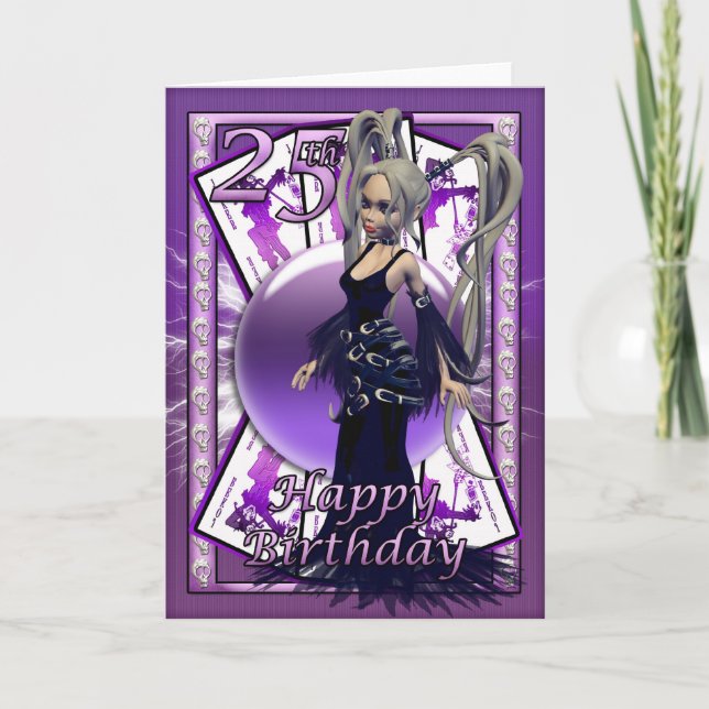 25th Birthday card with Gothic Doll, cards, orb (Front)