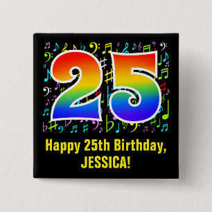 25th Birthday: Colorful Music Symbols, Rainbow 25 15 Cm Square Badge