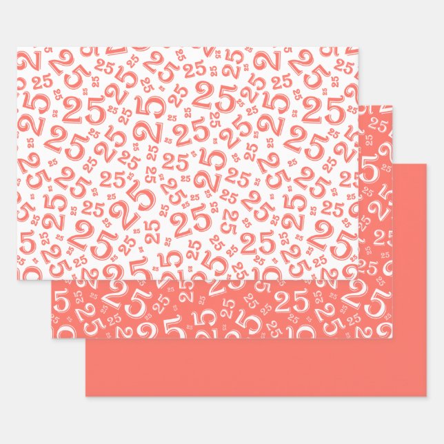 25th Birthday Coral & White Number Pattern 25 Wrapping Paper Sheet (Set)