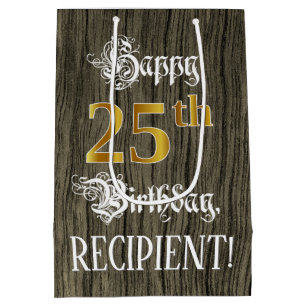 25th Birthday: Faux Gold Look & Faux Wood Pattern Medium Gift Bag