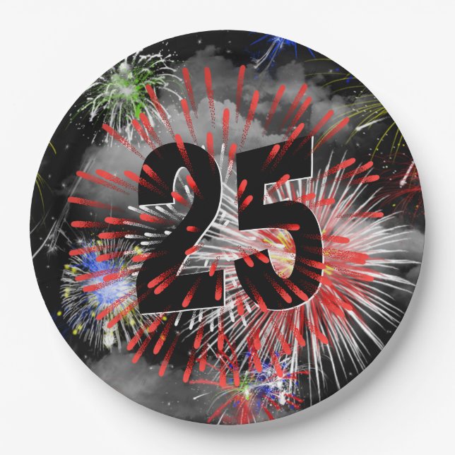 25th Birthday Fireworks In Clouds  Paper Plate (Front)