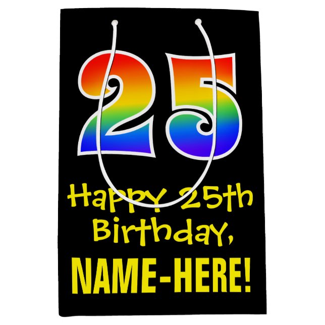 25th Birthday: Fun, Bold, Colourful, Rainbow "25" Medium Gift Bag (Front)