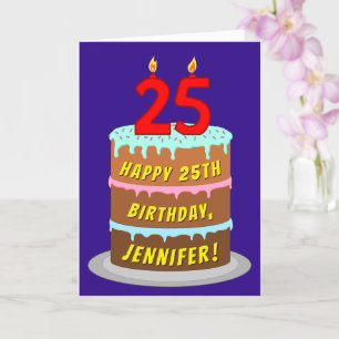 25th Birthday: Fun Cake and Candles + Custom Name Card