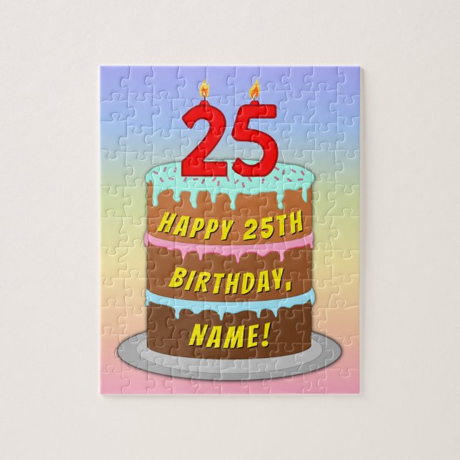 25th Birthday: Fun Cake and Candles + Custom Name Jigsaw Puzzle (Vertical)
