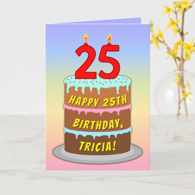 25th Birthday — Fun Cake & Candles, w/ Custom Name Card (Yellow Flower)