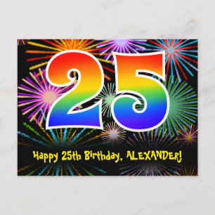 25th Birthday – Fun Fireworks Pattern + Rainbow 25 Postcard