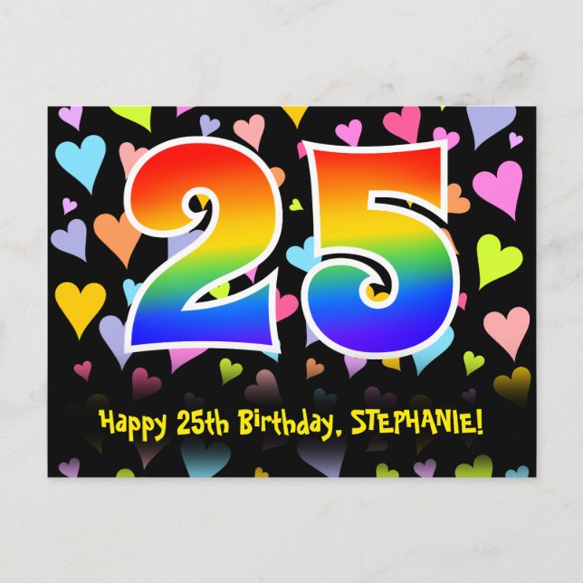 25th Birthday: Fun Hearts Pattern, Rainbow 25 Postcard (Front)