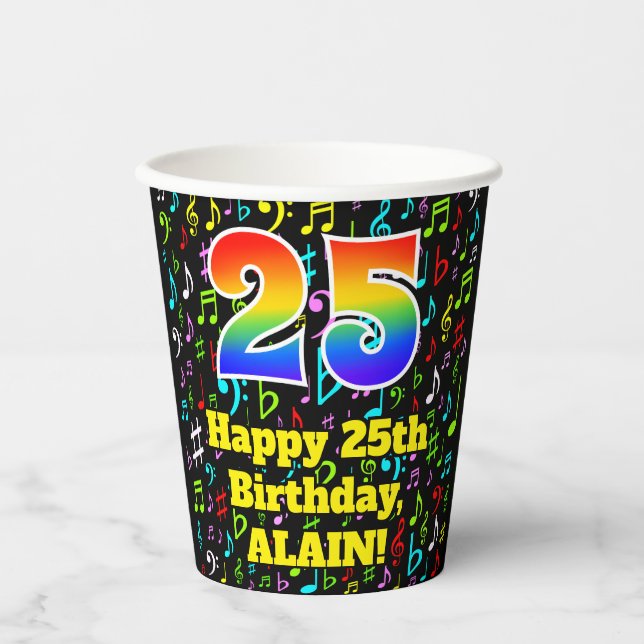 25th Birthday: Fun Music Notes Pattern, Rainbow 25 Paper Cups (Front)