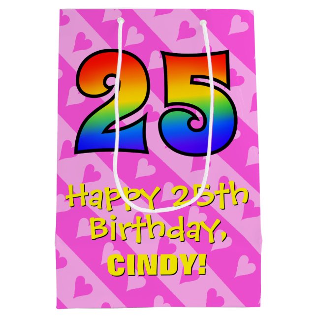 25th Birthday: Fun Pink Hearts Stripes; Rainbow 25 Medium Gift Bag (Back)