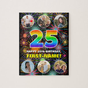 25th Birthday: Fun Rainbow #, Custom Name + Photos Jigsaw Puzzle
