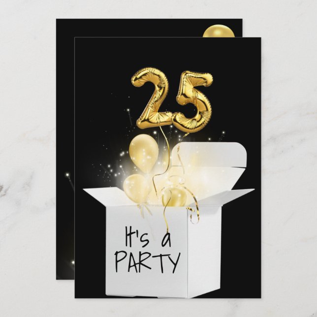 25th Birthday Gold Balloons In White Box  Invitation (Front/Back)