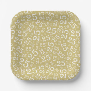 25th Birthday Gold/White Random Number Pattern Paper Plate