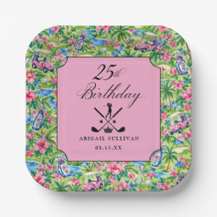 25th Birthday Golf Pink Green Preppy Print Paper Plate