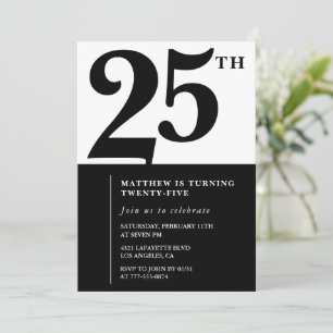 25th birthday invitations Black White Elegant