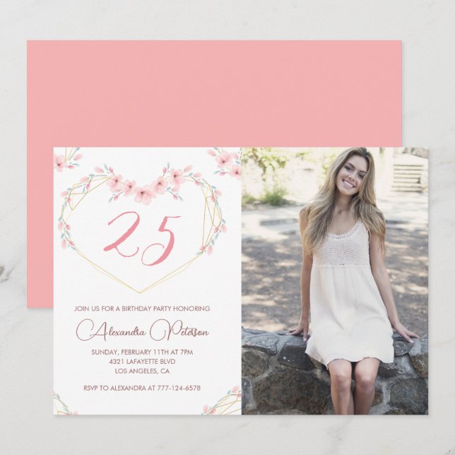 25th birthday invitations Boho Floral Photo (Front/Back)