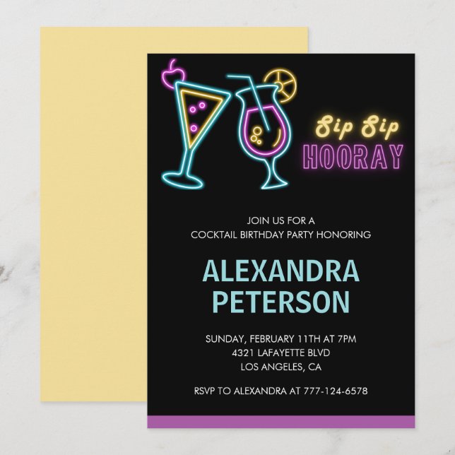 25TH birthday invitations Cocktail Neon Glow (Front/Back)