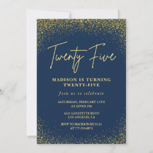 25TH birthday invitations Gold Navy Glitter