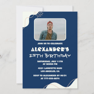 25th birthday invitations Men Photo Simple Blue 