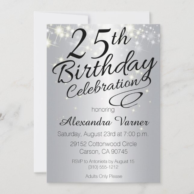 25th Birthday Invitations - Silver Sparkly Invites (Front)