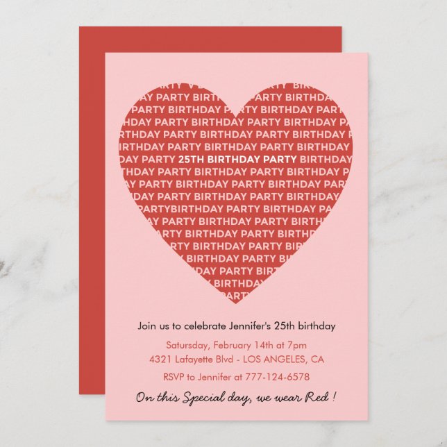 25th birthday invitations Typography Red Pink (Front/Back)
