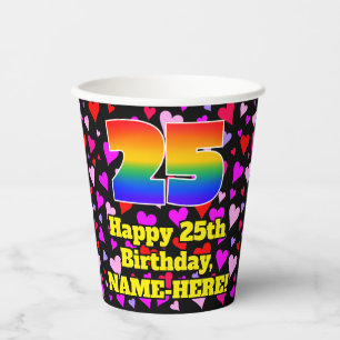 25th Birthday: Loving Hearts Pattern, Rainbow 25 Paper Cups