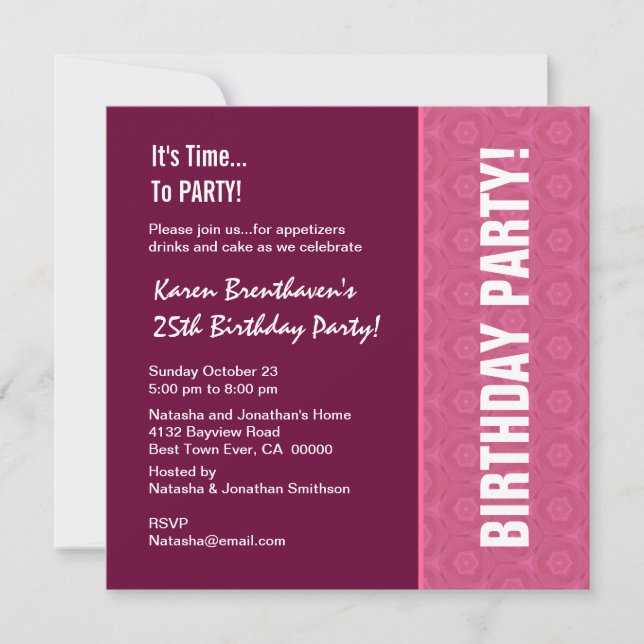 25th Birthday Modern Wine and Pink Pattern Invitation (Front)