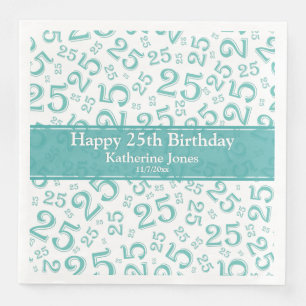 25th Birthday Number Number Pattern Teal/White Napkin