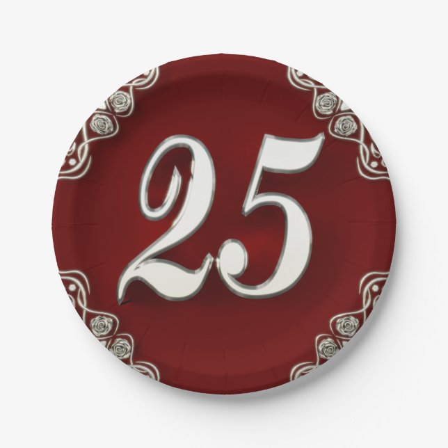 25th Birthday or Anniversary Regal Silver and Red Paper Plate (Front)