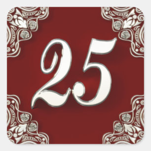 25th Birthday or Anniversary Regal Silver and Red Square Sticker