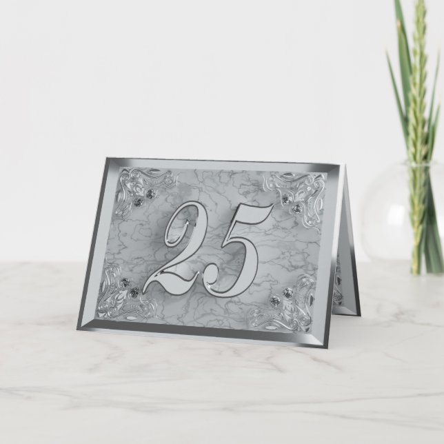 25th Birthday or Anniversary Regal Silver Marble Card (Front)