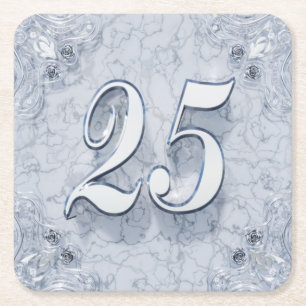 25th Birthday or Anniversary Regal Silver Marble Square Paper Coaster