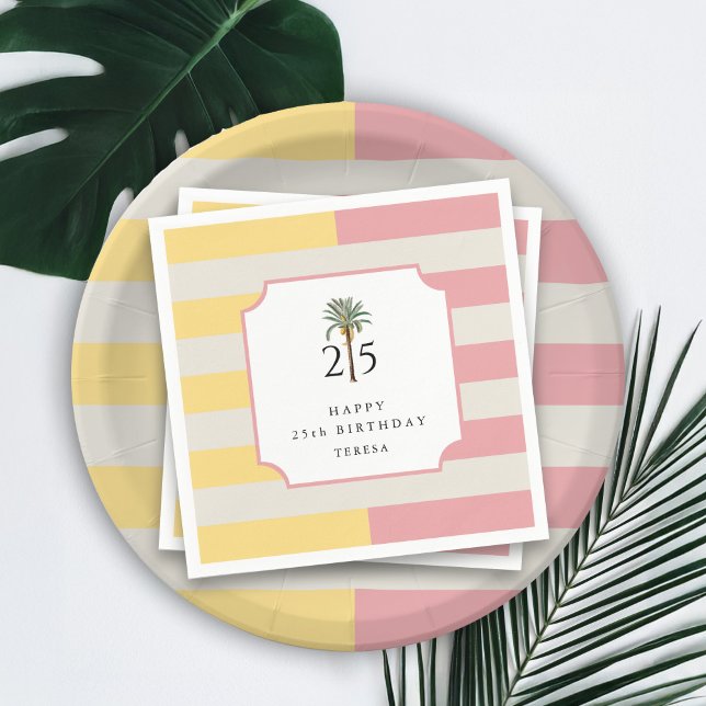 25th Birthday Palm Beach Pastel Stripe Tropical Napkin (Creator Uploaded)