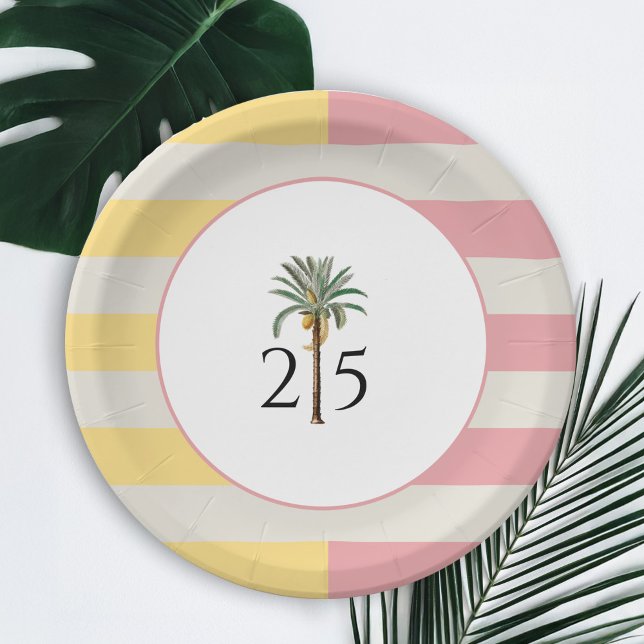 25th Birthday Palm Beach Tropical Pastel Stripe Paper Plate (Creator Uploaded)