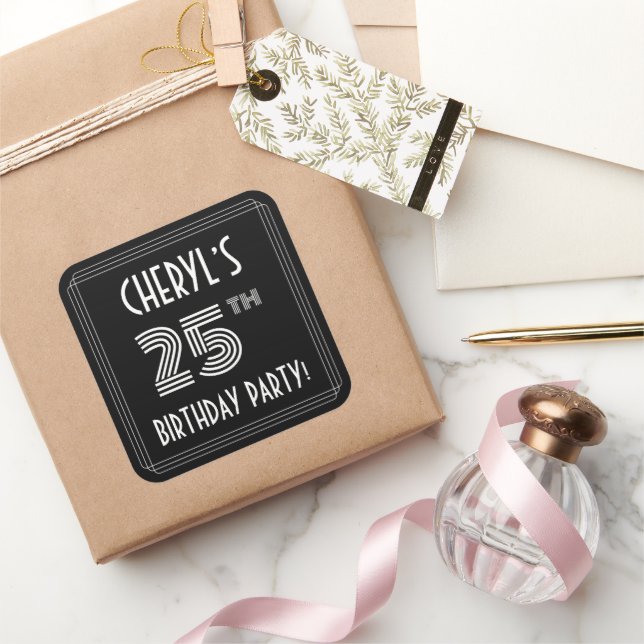 25th Birthday Party: Art Deco Style & Custom Name Square Sticker (Gifting)
