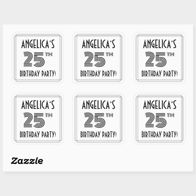 25th Birthday Party: Art Deco Style + Custom Name Square Sticker (Sheet)