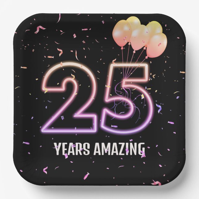 25th Birthday Party Balloons and Confetti Paper Plate (Front)