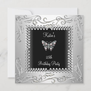 25th Birthday Party Black Butterfly Silver Black Invitation