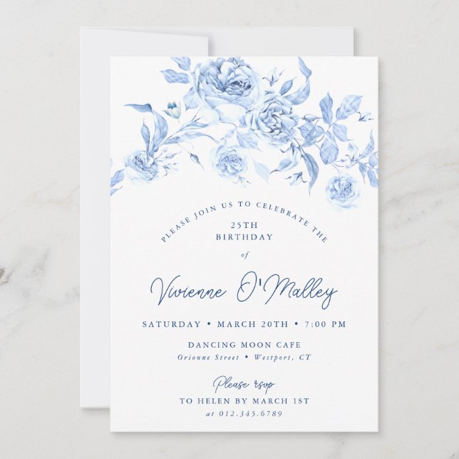 25th Birthday Party Dusty Blue Floral Invitation (Front)