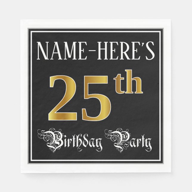 25th Birthday Party — Fancy Script, Faux Gold Look Napkin (Front)
