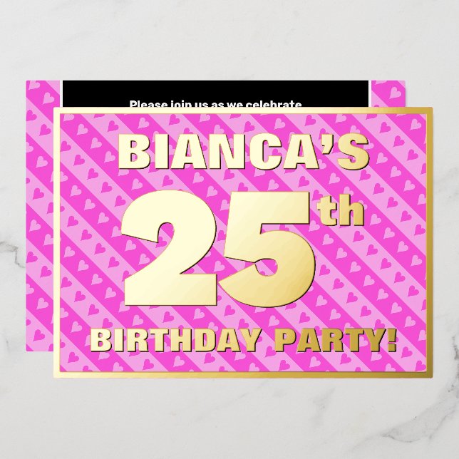 25th Birthday Party — Fun Pink Hearts and Stripes (Front/Back)