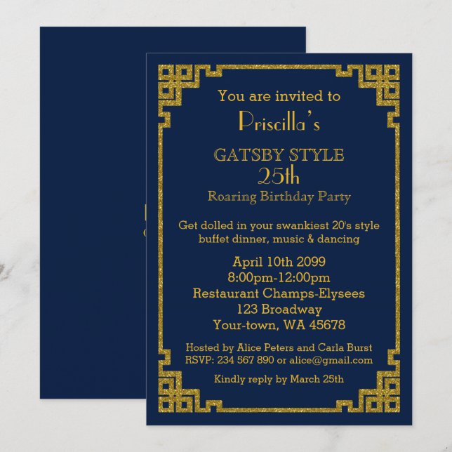 25th,Birthday party, Gatsby style, navy & gold Invitation (Front/Back)