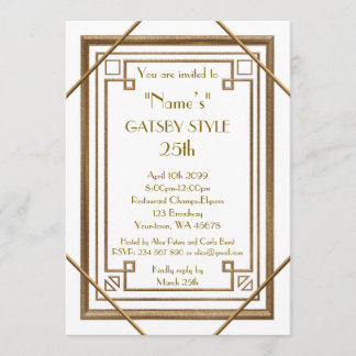 25th,Birthday party, Gatsby style, white & gold Invitation
