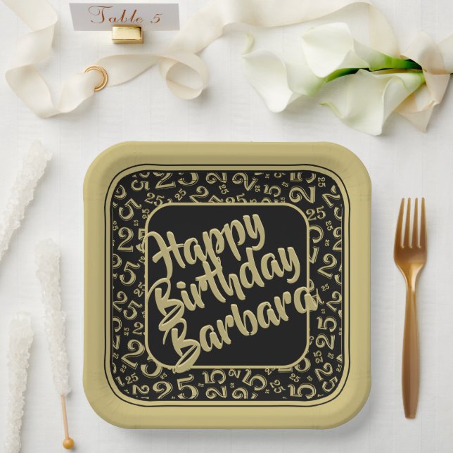 25th Birthday Party Number Pattern Black Gold Paper Plate (Wedding)