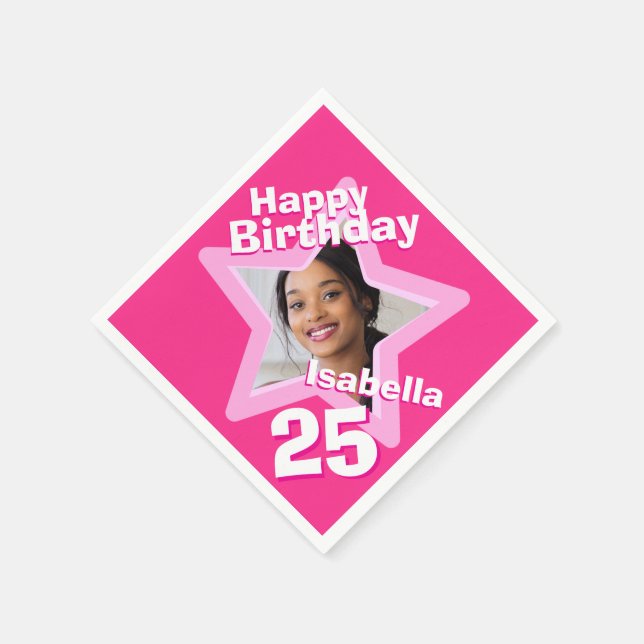 25th Birthday party photo star hot pink napkins (Corner)