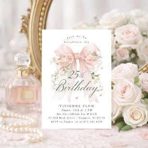 25th Birthday Party Pink Coquette Bow Rose Floral Invitation