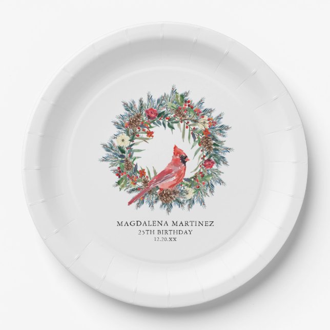 25th Birthday Party Red Cardinal Wreath Custom Paper Plate (Front)