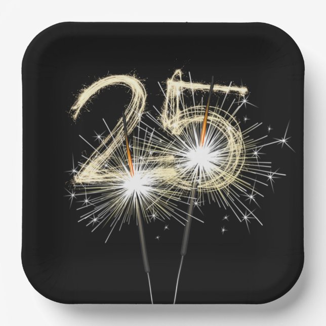 25th Birthday Party Sparklers on Black Paper Plate (Front)