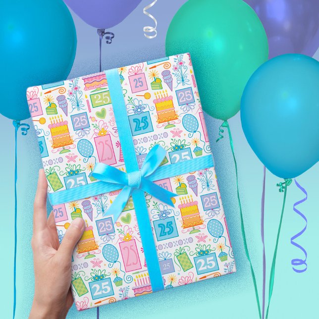 25th Birthday Pastel Pink Cake Presents Balloons Wrapping Paper Sheet (Creator Uploaded)