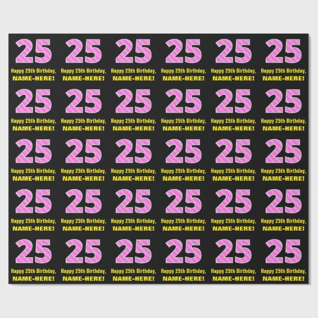 25th Birthday: Pink Stripes and Hearts "25" + Name Wrapping Paper (Flat)