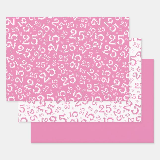 25th Birthday Pink & White Number Pattern 25 Wrapping Paper Sheet (Set)